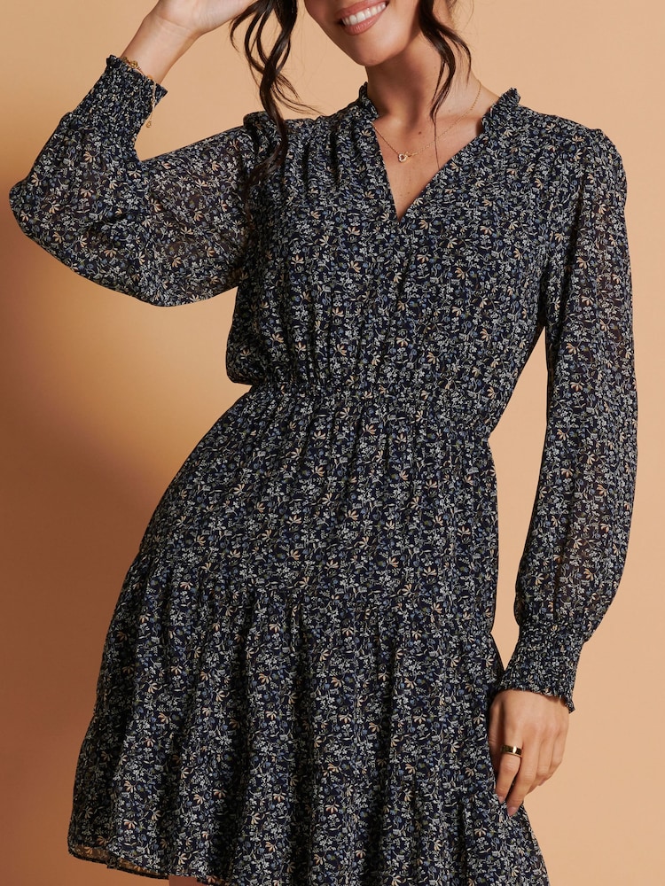 Jolie Moi Blue Ditsy Print Chiffon Smock Dress - Image 6 of 6