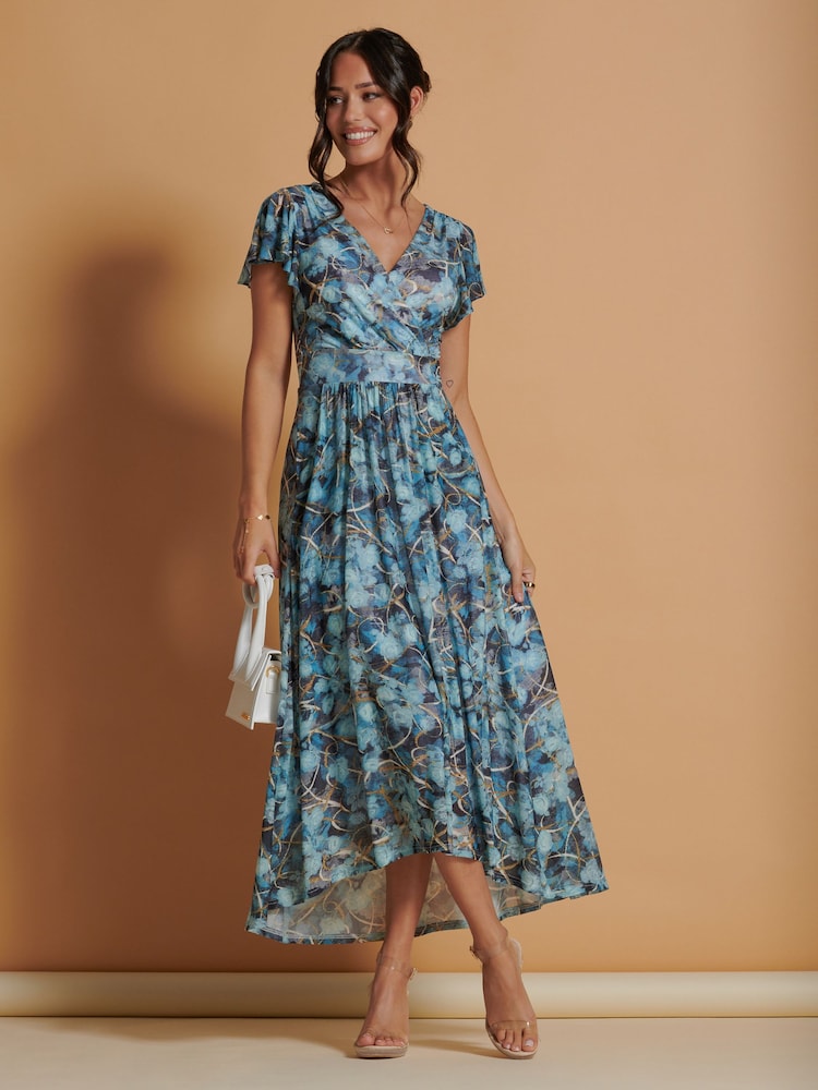 Jolie Moi Light Blue Mesh V-Neck Maxi Dress - Image 1 of 6