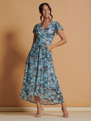 Jolie Moi Light Blue Mesh V-Neck Maxi Dress - Image 3 of 6
