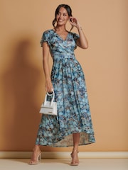 Jolie Moi Light Blue Mesh V-Neck Maxi Dress - Image 4 of 6