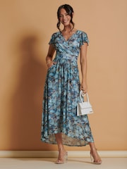Jolie Moi Light Blue Mesh V-Neck Maxi Dress - Image 5 of 6