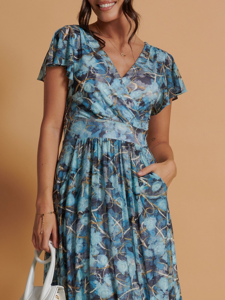 Jolie Moi Light Blue Mesh V-Neck Maxi Dress - Image 6 of 6