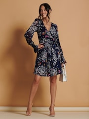 Jolie Moi Blue Long Sleeve Mesh Skater Dress - Image 4 of 6
