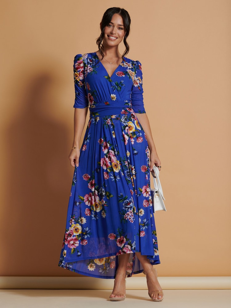 Jolie Moi Blue Haizley Floral Print Mesh Maxi Dress - Image 1 of 6