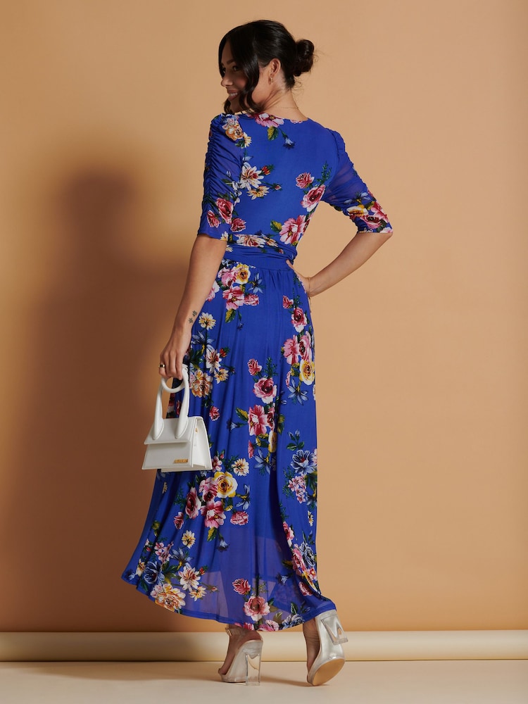Jolie Moi Blue Haizley Floral Print Mesh Maxi Dress - Image 2 of 6