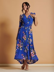 Jolie Moi Blue Haizley Floral Print Mesh Maxi Dress - Image 3 of 6