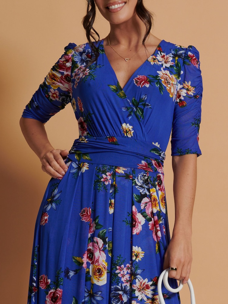 Jolie Moi Blue Haizley Floral Print Mesh Maxi Dress - Image 6 of 6