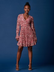 Jolie Moi Pink Long Sleeve Mesh Skater Dress - Image 1 of 6