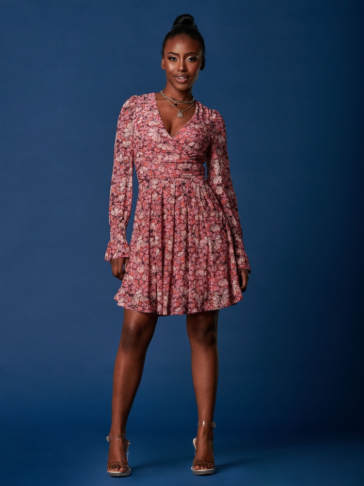 Jolie Moi Pink Long Sleeve Mesh Skater Dress - Image 1 of 6