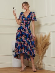Jolie Moi Blue Pleated Chiffon High Low Maxi Dress - Image 1 of 6