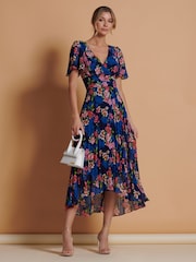Jolie Moi Blue Pleated Chiffon High Low Maxi Dress - Image 2 of 6