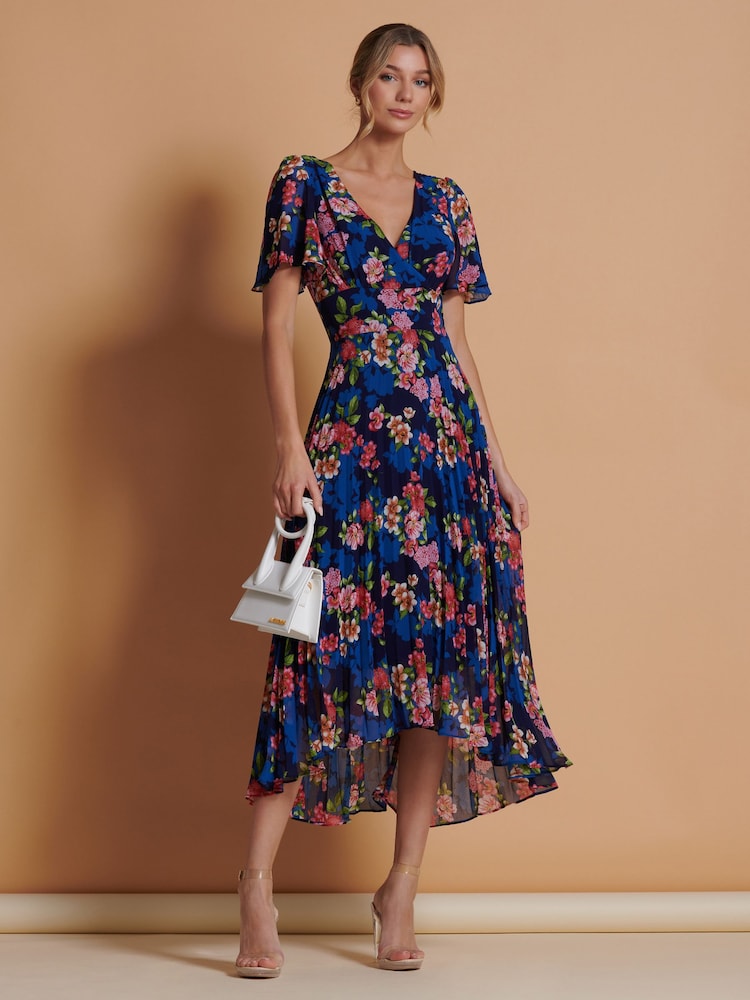 Jolie Moi Blue Pleated Chiffon High Low Maxi Dress - Image 2 of 6