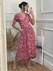 Jolie Moi Pink Mesh V-Neck Maxi Dress - Image 1 of 6