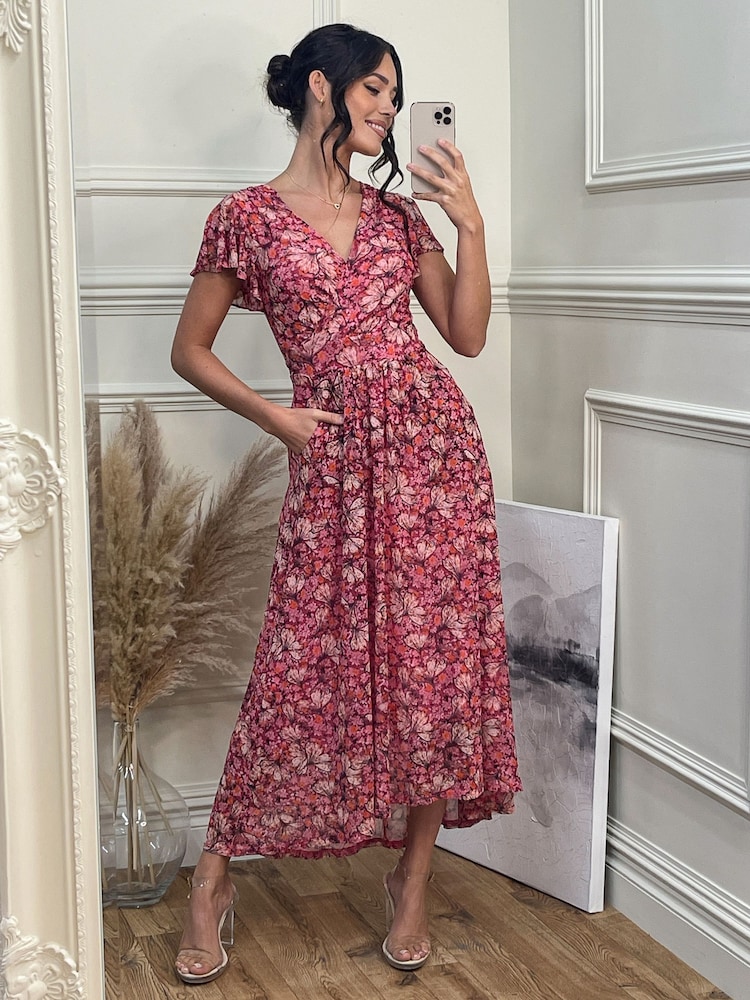 Jolie Moi Pink Mesh V-Neck Maxi Dress - Image 1 of 6