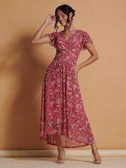 Jolie Moi Pink Mesh V-Neck Maxi Dress - Image 3 of 6