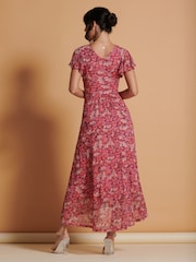 Jolie Moi Pink Mesh V-Neck Maxi Dress - Image 4 of 6