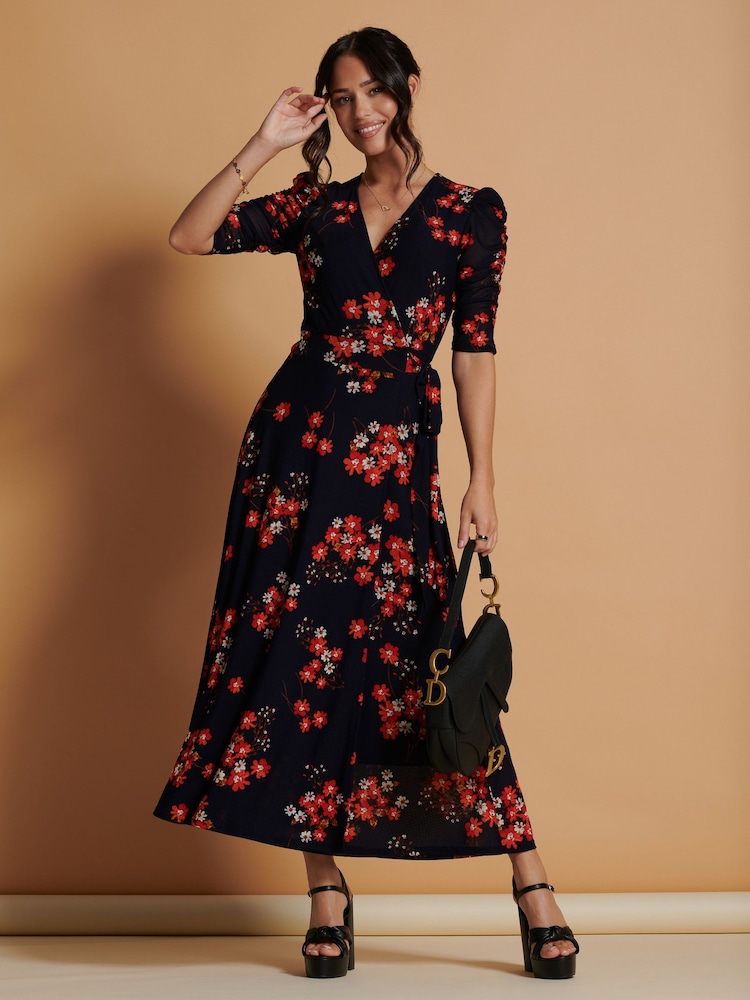 Jolie Moi Blue Qaliyah Wrap Front Mesh Maxi Dress - Image 1 of 6