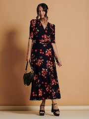 Jolie Moi Blue Qaliyah Wrap Front Mesh Maxi Dress - Image 3 of 6