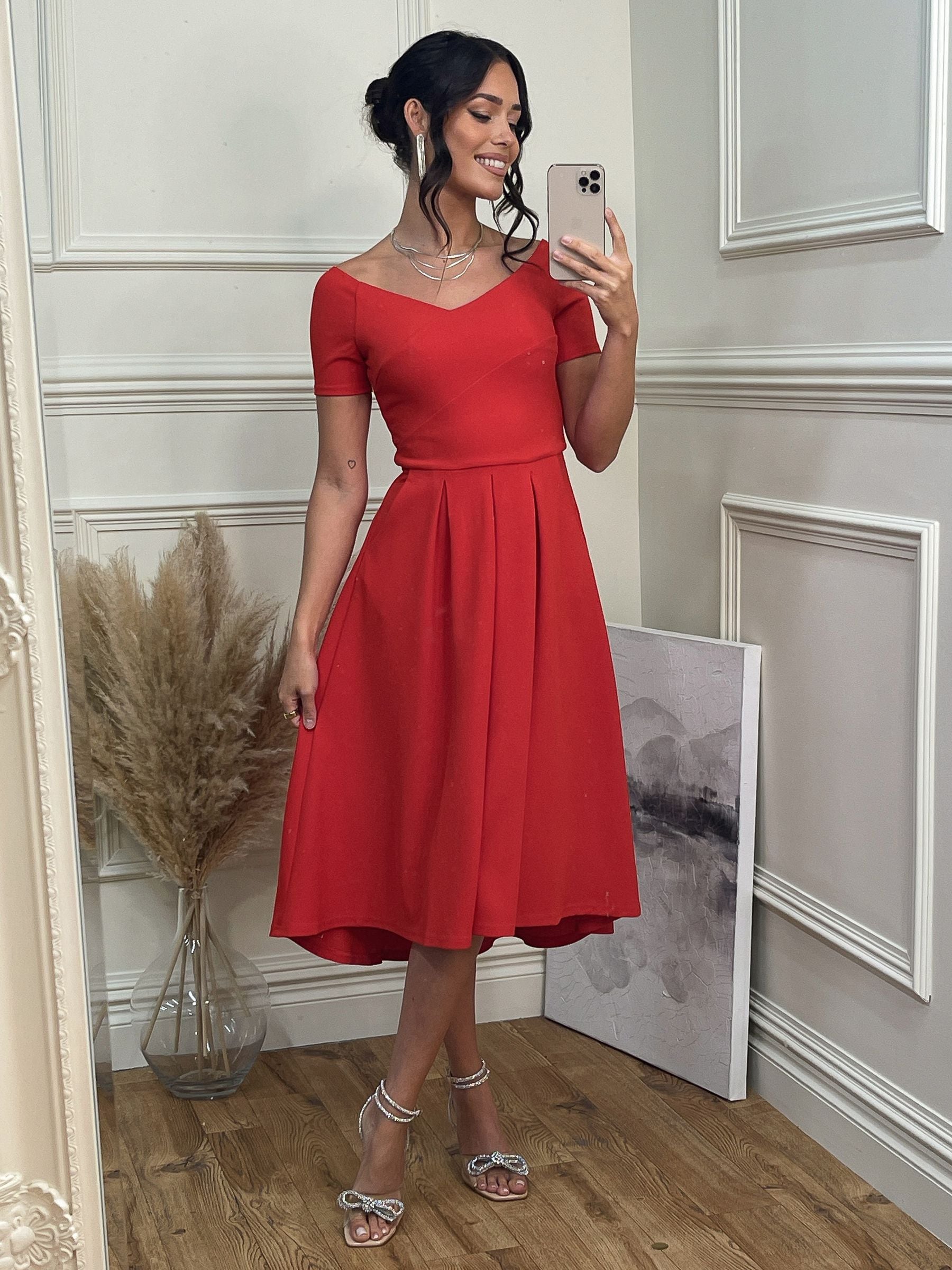 Red fit and flare midi dress top