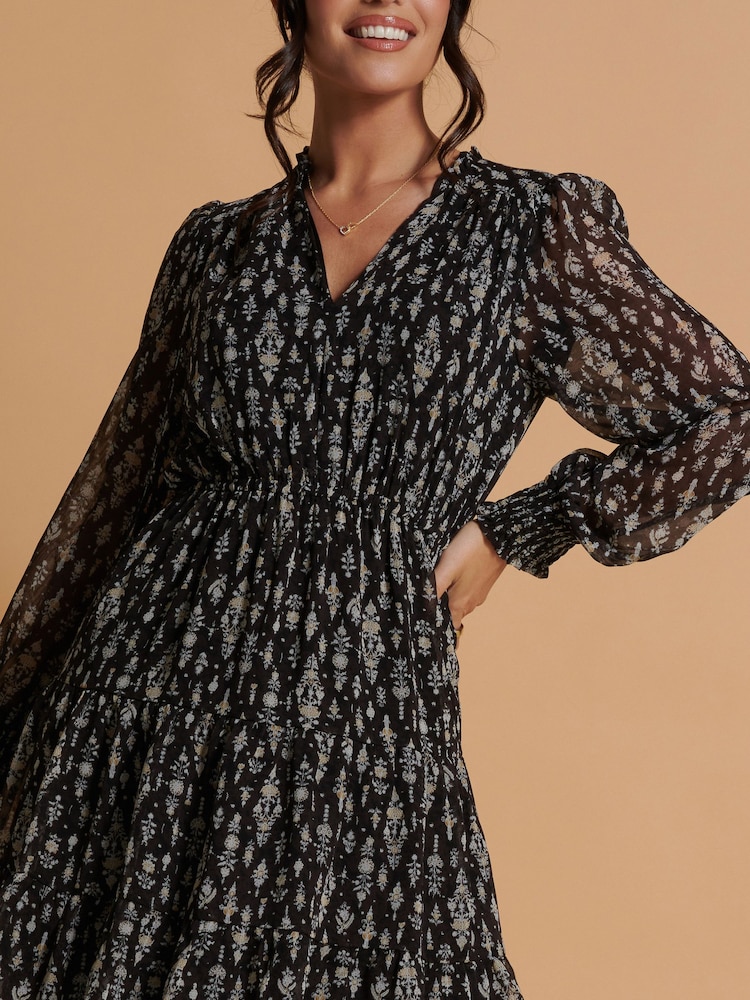 Jolie Moi Black Ditsy Print Chiffon Smock Dress - Image 6 of 6 Jolie Moi Black Ditsy Print Chiffon Smock Dress - Image 6 of 6
