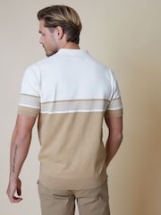 Threadbare Brown & White Cotton Blend 1/4 Zip Knitted Polo Shirt - Image 2 of 4