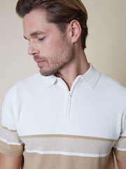 Threadbare Brown & White Cotton Blend 1/4 Zip Knitted Polo Shirt - Image 4 of 4