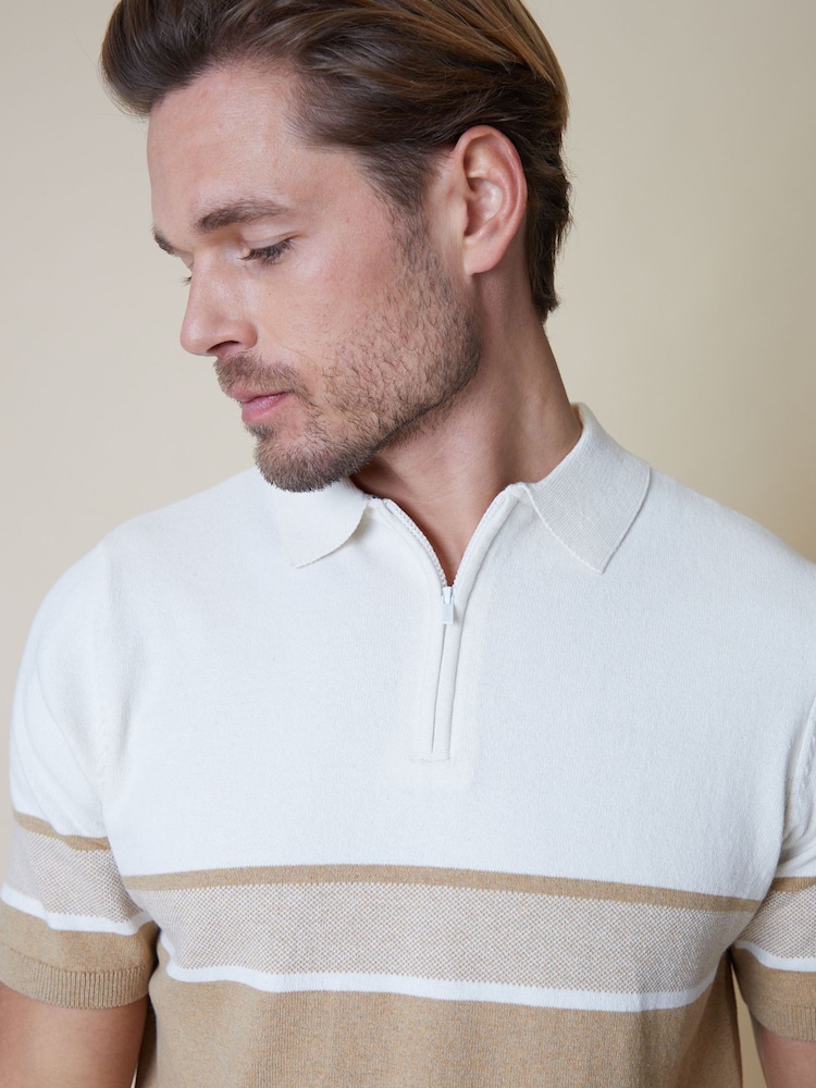 Threadbare Brown & White Cotton Blend 1/4 Zip Knitted Polo Shirt - Image 4 of 4