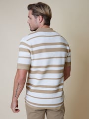 Threadbare Brown & White Cotton Mix Revere Collar Short Sleeve Textured Knitted Shirt - Image 2 of 4