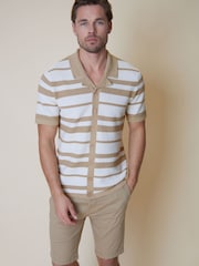 Threadbare Brown & White Cotton Mix Revere Collar Short Sleeve Textured Knitted Shirt - Image 3 of 4
