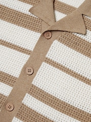 Threadbare Brown & White Cotton Mix Revere Collar Short Sleeve Textured Knitted Shirt - Image 4 of 4