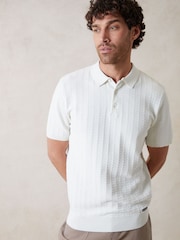 Threadbare Ecru Cotton Mix Short Sleeve Textured Knitted Polo Shirt - Image 1 of 7