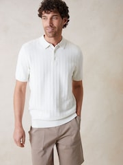Threadbare Ecru Cotton Mix Short Sleeve Textured Knitted Polo Shirt - Image 2 of 7
