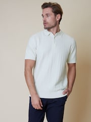 Threadbare Ecru Cotton Mix Short Sleeve Textured Knitted Polo Shirt - Image 3 of 7