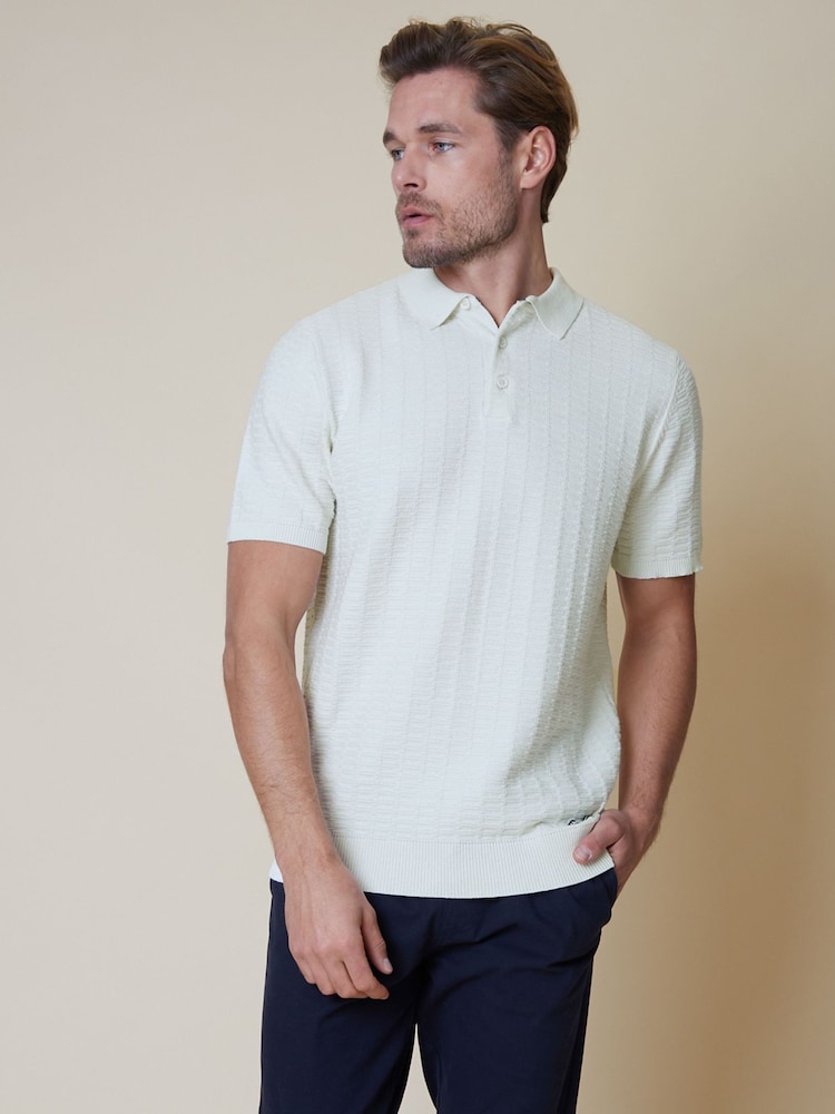 Threadbare Ecru Cotton Mix Short Sleeve Textured Knitted Polo Shirt - Image 3 of 7