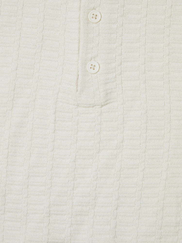 Threadbare Ecru Cotton Mix Short Sleeve Textured Knitted Polo Shirt - Image 7 of 7