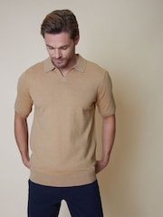 Threadbare Brown Cotton Mix Trophy Neck Short Sleeve Knitted Polo Shirt - Image 1 of 6
