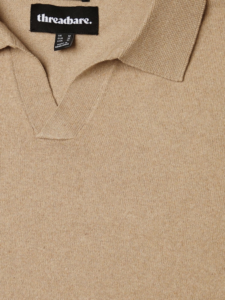 Threadbare Brown Cotton Mix Trophy Neck Short Sleeve Knitted Polo Shirt - Image 6 of 6