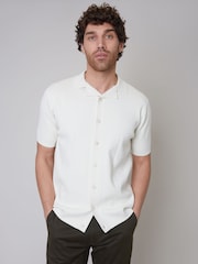 Threadbare White Cotton Mix Revere Collar Short Sleeve Textured Knitted Shirt - Image 1 of 4