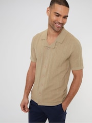 Threadbare Brown Cotton Mix Revere Collar Short Sleeve Textured Knitted Shirt - Image 1 of 5