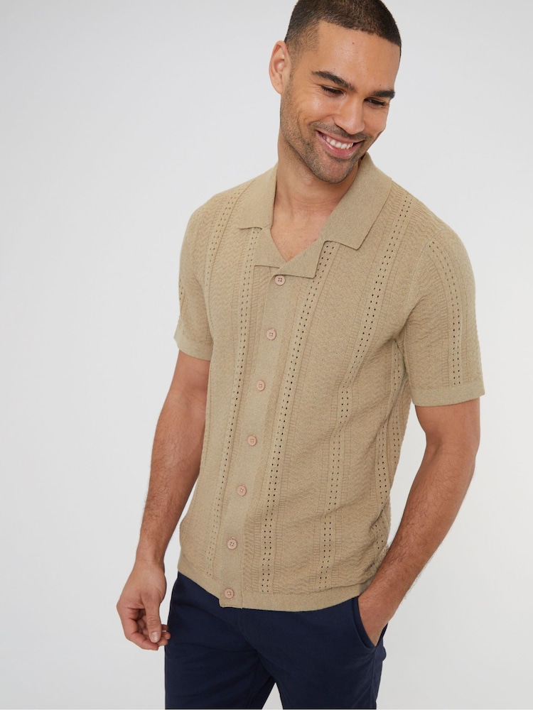 Threadbare Brown Cotton Mix Revere Collar Short Sleeve Textured Knitted Shirt - Image 1 of 5