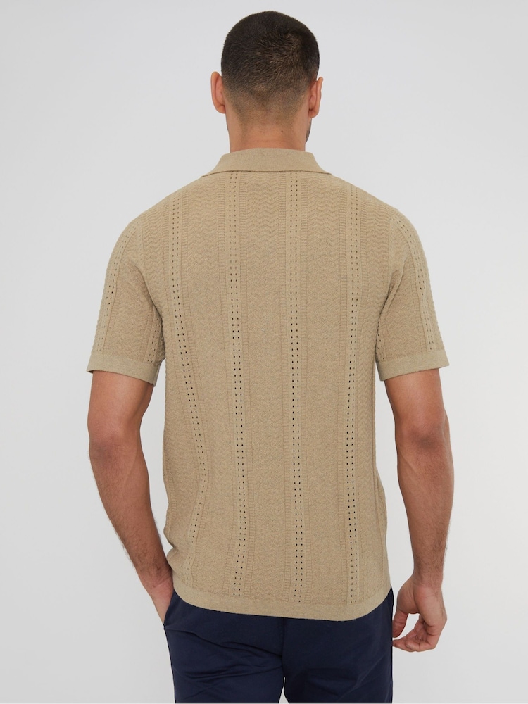 Threadbare Brown Cotton Mix Revere Collar Short Sleeve Textured Knitted Shirt - Image 2 of 5