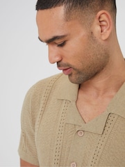 Threadbare Brown Cotton Mix Revere Collar Short Sleeve Textured Knitted Shirt - Image 4 of 5