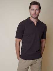Threadbare Dark Brown Cotton Mix Trophy Neck Short Sleeve Knitted Polo Shirt - Image 1 of 5