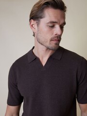 Threadbare Dark Brown Cotton Mix Trophy Neck Short Sleeve Knitted Polo Shirt - Image 4 of 5