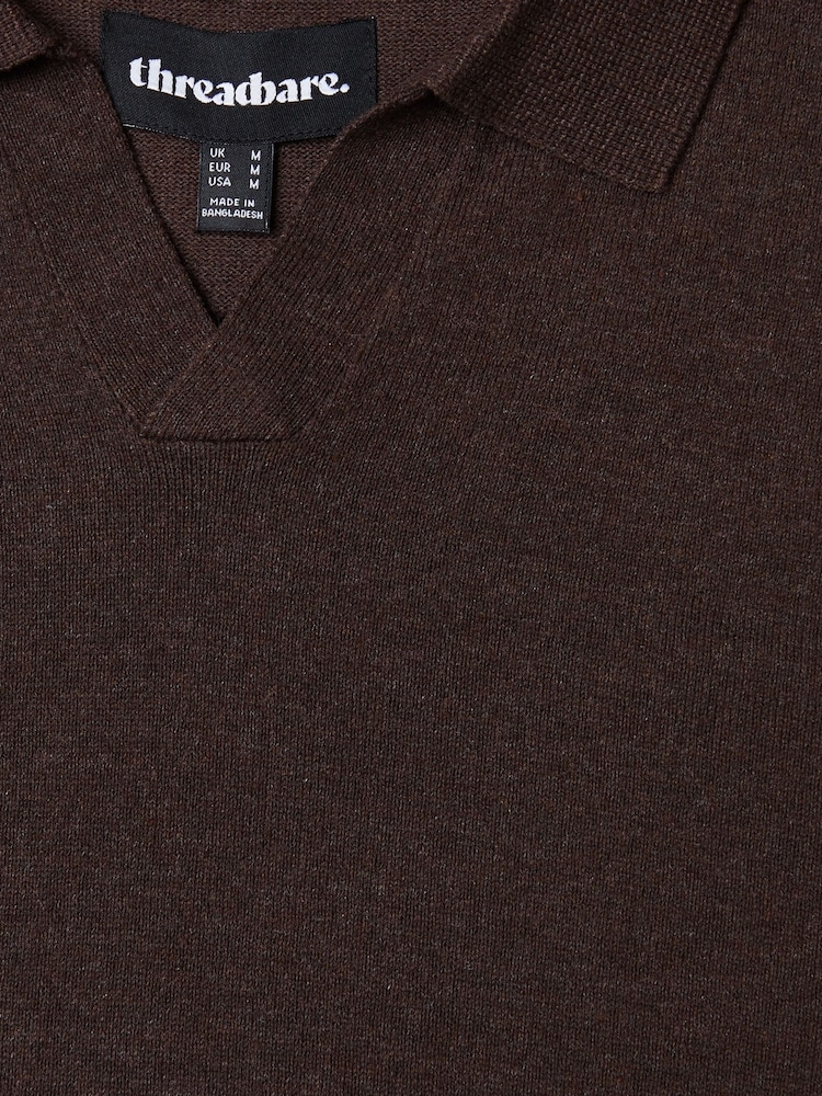 Threadbare Dark Brown Cotton Mix Trophy Neck Short Sleeve Knitted Polo Shirt - Image 5 of 5