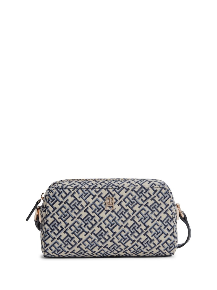 Tommy Hilfiger Blue Monogram Jacquard Crossbody Camera Bag - Image 1 of 4 Tommy Hilfiger Blue Monogram Jacquard Crossbody Camera Bag - Image 1 of 4