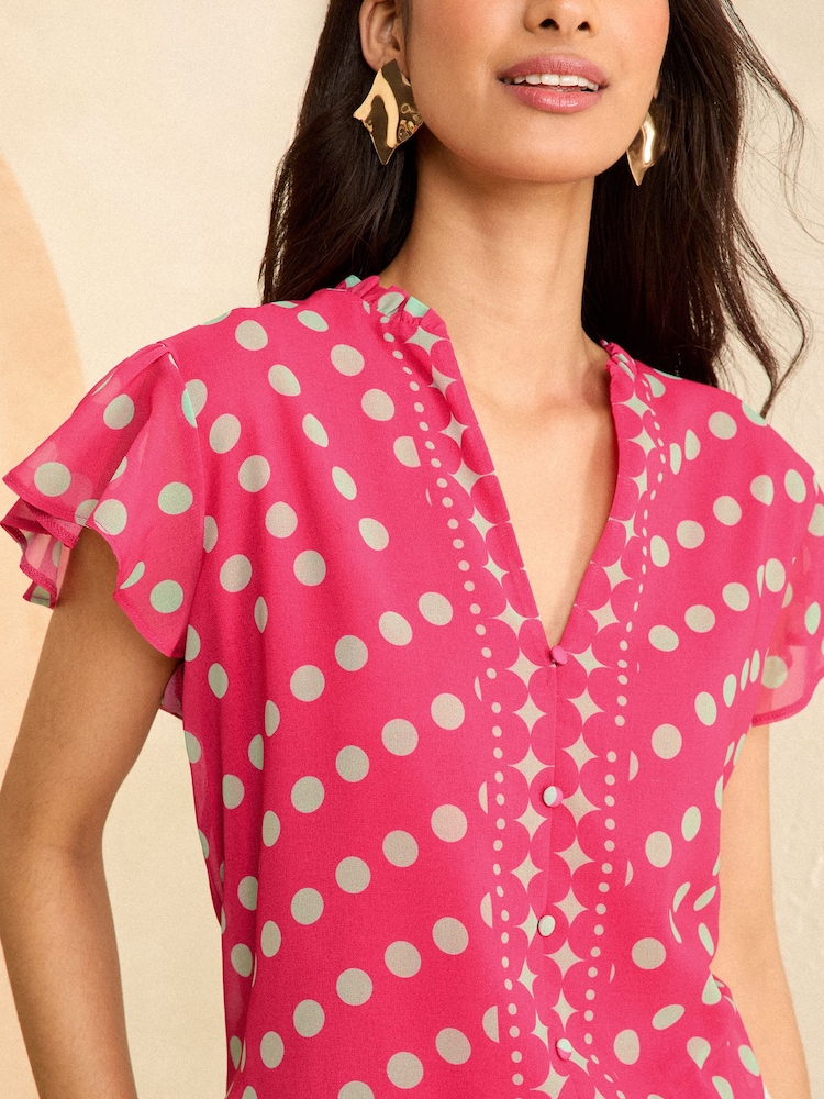Love & Roses Pink Polka Dot V Neck Flutter Sleeve Blouse - Image 2 of 4 Love & Roses Pink Polka Dot V Neck Flutter Sleeve Blouse - Image 2 of 4