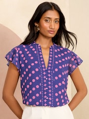 Love & Roses Purple Polka Dot V Neck Flutter Sleeve Blouse - Image 1 of 4