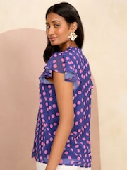 Love & Roses Purple Polka Dot V Neck Flutter Sleeve Blouse - Image 3 of 4