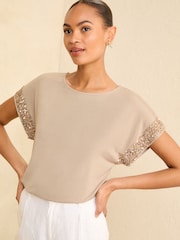 Love & Roses Camel Sequin Cuff Jersey Top - Image 1 of 4